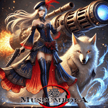 a woman holding a gun standing next to a wolf with museumbola written in the corner