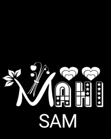 a black and white logo for mahi sam with hearts and leaves .