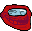 a red troll face with a blue eye and a big smile on a white background .