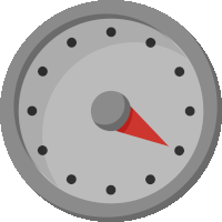 a clock with black circles and a red arrow pointing to the number 6