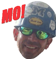 a man wearing sunglasses and a hard hat has the word mo on his head