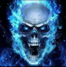 a skull with blue flames coming out of it 's mouth .