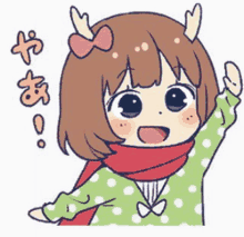 a cartoon girl with antlers and a bow on her head is wearing a green polka dot sweater and scarf .