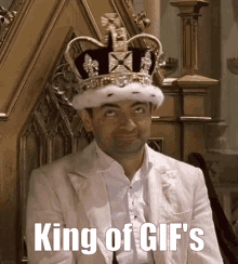 a man wearing a crown is sitting on a throne with the caption king of gif 's .