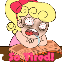 a cartoon of a girl laying on a book with the words so tired below her