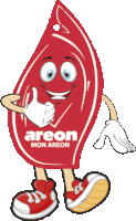 a cartoon drawing of a red air freshener that says areon mon areon on it