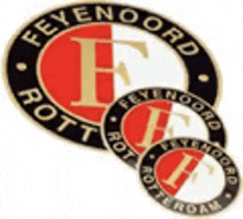 three different sizes of feyenoord rotterdam badges are stacked on top of each other .