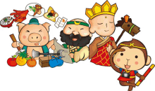 a group of cartoon characters including a pig monkey and monk