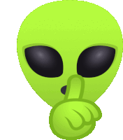 a green alien with black eyes is making a shhh gesture