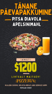 a pizza and a glass of orange juice on a black background