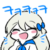 a cartoon girl with white hair and a blue bow is laughing .