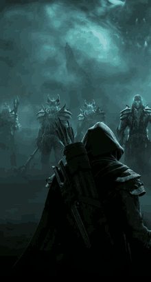 a man in a hooded cloak is standing in front of a group of warriors