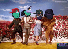 a group of pixelated characters are dancing in a field of flowers ..