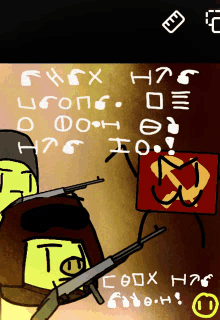 a cartoon drawing of a man holding a gun and a sign that says coox