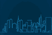 a line drawing of a city skyline on a dark blue background .