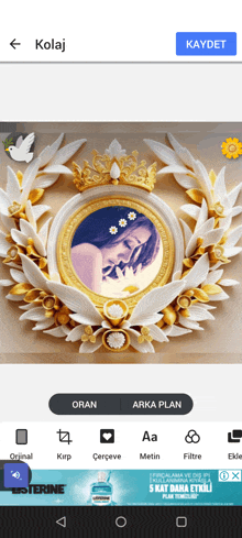 a picture of a woman in a gold and white frame with the word kolaj at the bottom