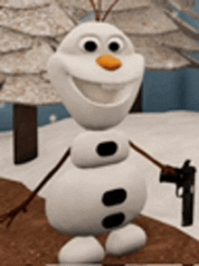 a snowman is holding a gun in his hand .