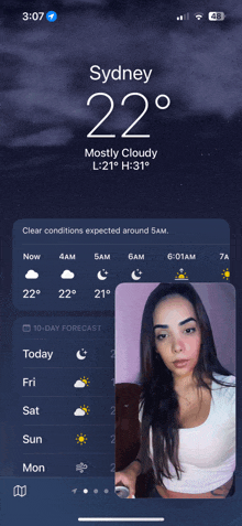 a phone screen shows the weather in sydney as 22 degrees