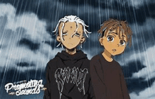 two anime characters are standing next to each other in the rain .