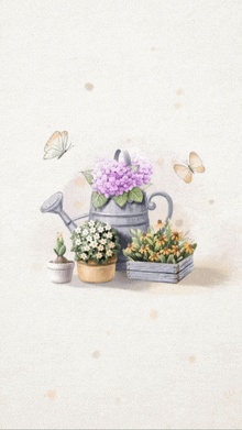 a watering can filled with purple flowers is surrounded by potted flowers and butterflies