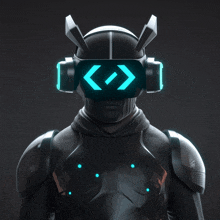 a futuristic robot wearing a helmet and headphones with a blue arrow pointing up