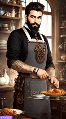 a man with a beard and tattoos is wearing an apron and cutting a piece of food .