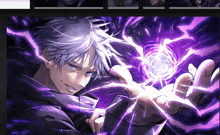 a man with white hair is holding a purple ball