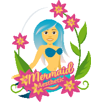 a mermaid with blue hair is surrounded by pink and yellow flowers and the words mermaid aesthetic