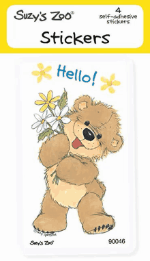 a package of suzy 's zoo stickers with a teddy bear holding a bouquet of daisies