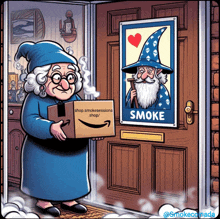 a cartoon of an elderly woman holding a box that says smoke