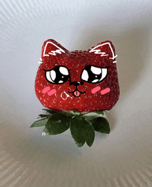 a strawberry with a cat face drawn on it on a plate