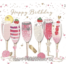 a birthday card with champagne glasses and the words " happy birthday " on it