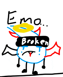 a drawing of a devil with the words emo broken written on it