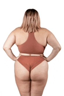 the back of a woman in a bikini with her hands on her hips .