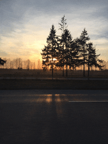 the sun is setting behind some trees on the side of a road