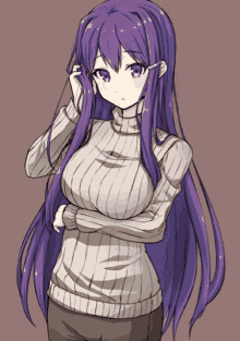 a girl with long purple hair is wearing a white sweater