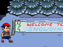 a pixel art drawing of a boy standing next to a sign that says welcome to snowdin