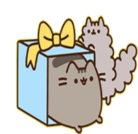 a cartoon cat is peeking out of a blue box with a bow .