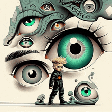 a cartoon drawing of a boy standing in front of a giant eye with the word a.c.c. on it