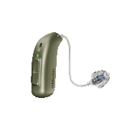 a green hearing aid that says oticon on the front