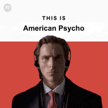 a man in a suit and tie wearing headphones with the words this is american psycho below him