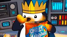 a penguin is wearing a crown and eating a bag of cheezy dibbles