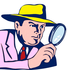 a cartoon drawing of a man looking through a magnifying glass