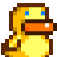 a pixel art of a duck with blue eyes