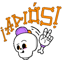 a cartoon drawing of a skull with a purple hat and the words adios