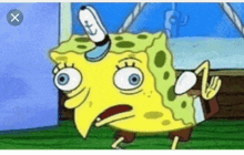 a cartoon of spongebob wearing a captain 's hat with an x in the corner