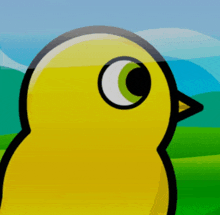 a yellow cartoon bird with a green eye