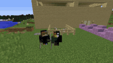 a couple of minecraft characters standing in front of a building