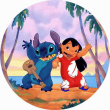 a cartoon of stitch and lilo dancing on a beach