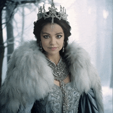 a woman wearing a fur coat and a tiara